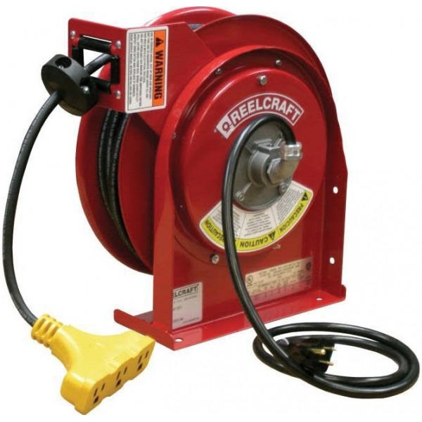 Reelcraft 45 Ft. Triple Tap Outlet Spring Retractable Power Cord Reel Steel