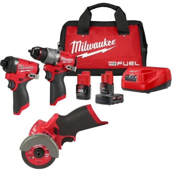 Milwaukee M12 FUEL Drill Driver, Impact Driver & Cut Off Tool Combo Kit Bundle