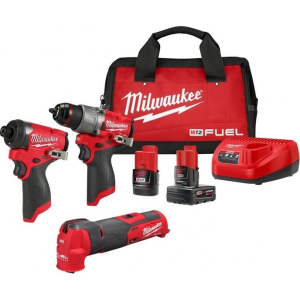 Milwaukee M12 FUEL Drill Driver, Impact Driver & Oscillating Multi-Tool Combo Kit Bundle