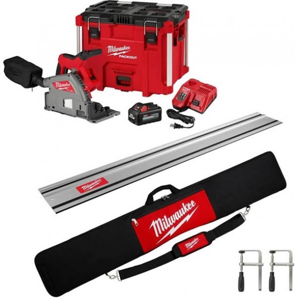 Milwaukee M18 FUEL 6 1/2 Plunge Track Saw Kit 55inch Guide Rail with Clamps & Bag Bundle