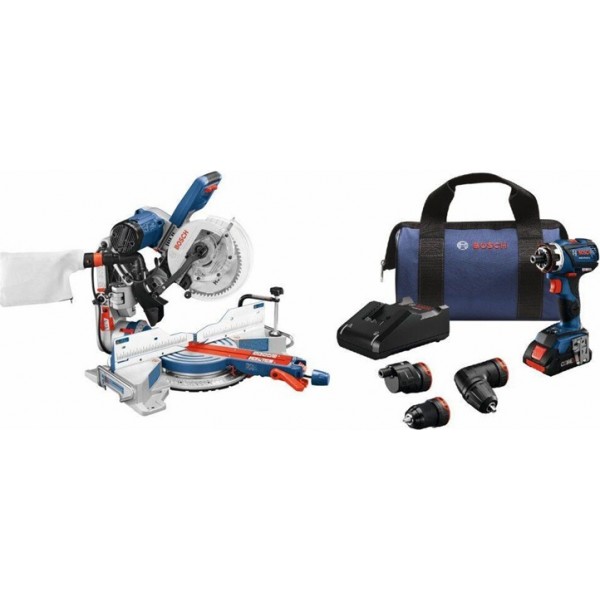 Bosch 10in Miter Saw with 18V EC Flexiclick 5 In 1 Drill Driver Kit Bundle