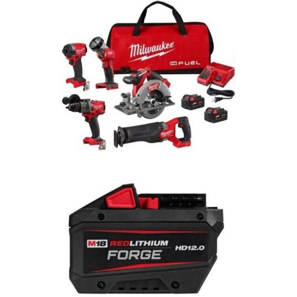 Milwaukee M18 FUEL 5-Tool Combo Kit, RedLithium HD12.0 Battery Pack Bundle