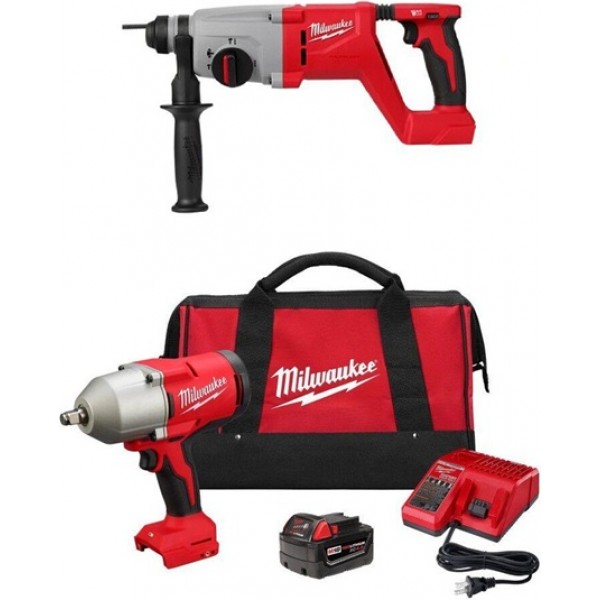 Milwaukee M18 Rotary Hammer & Impact Wrench W/FrictionRing Combo Kit Bundle